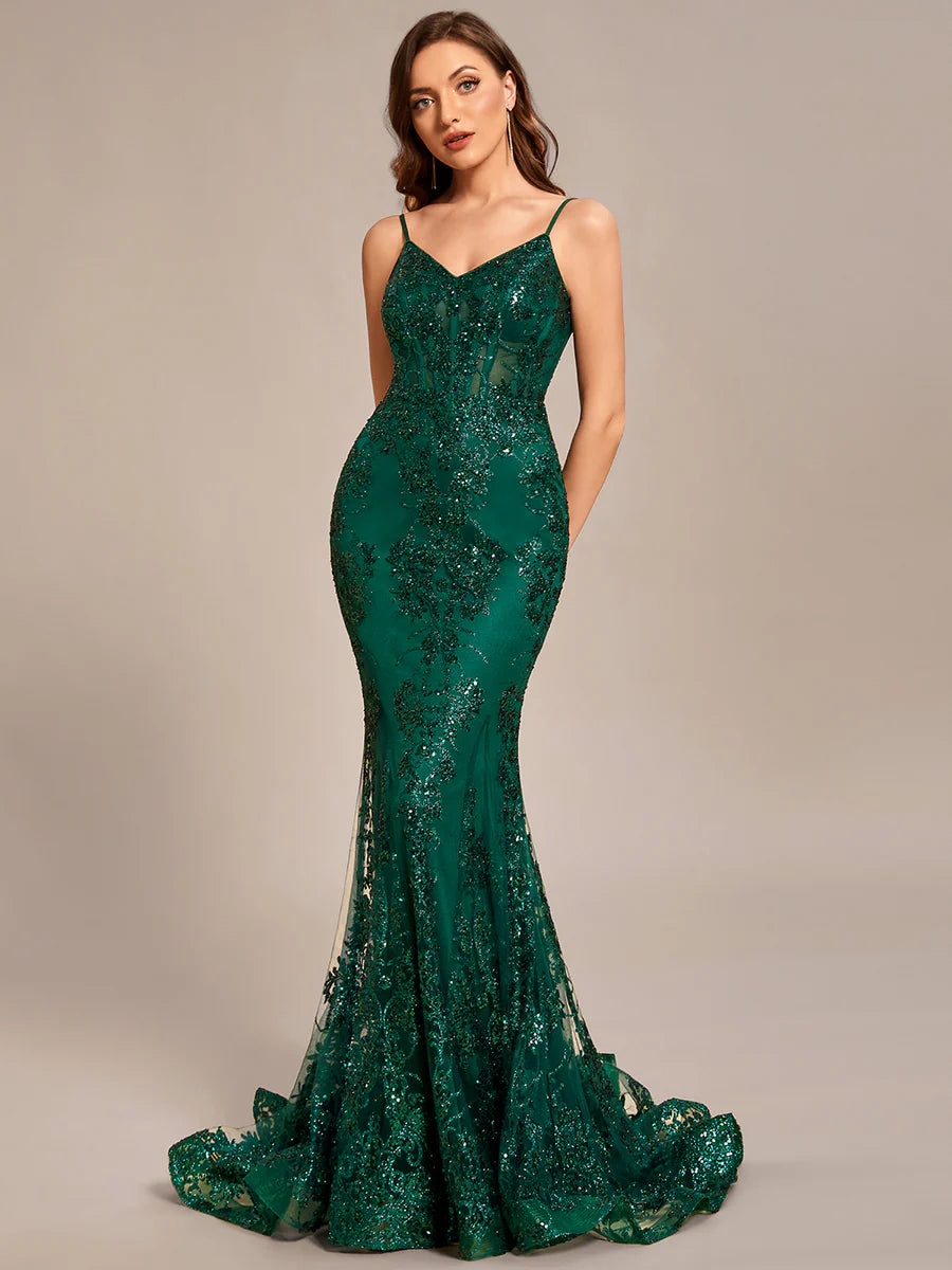 Custom Emerald Enchantment Sequin Lace Mermaid Gown  CHICELY