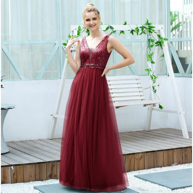Deep V sequin bodice bridesmaid dress-Dark red