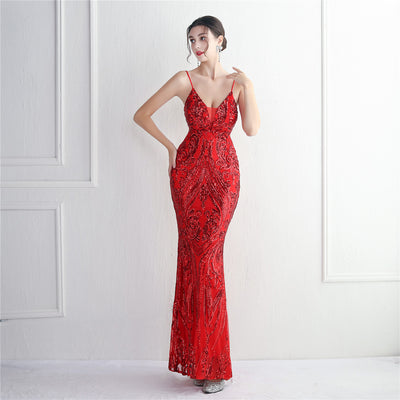 Spaghetti  Straps Illusion V-neck Floral Sequin Mermaid Evening Dress