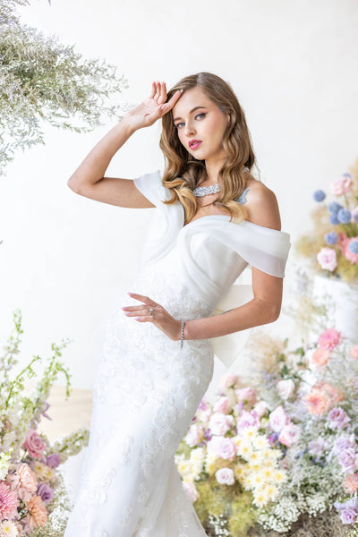 Ethereal Off-Shoulder Organza Floral Beaded  Two-in-one Mermaid Wedding Gown