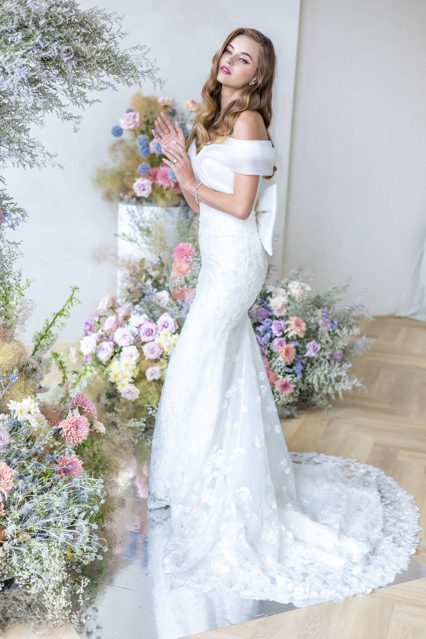 Ethereal Off-Shoulder Organza Floral Beaded  Two-in-one Mermaid Wedding Gown