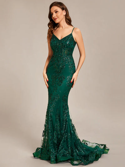 Custom Emerald Enchantment Sequin Lace Mermaid Gown