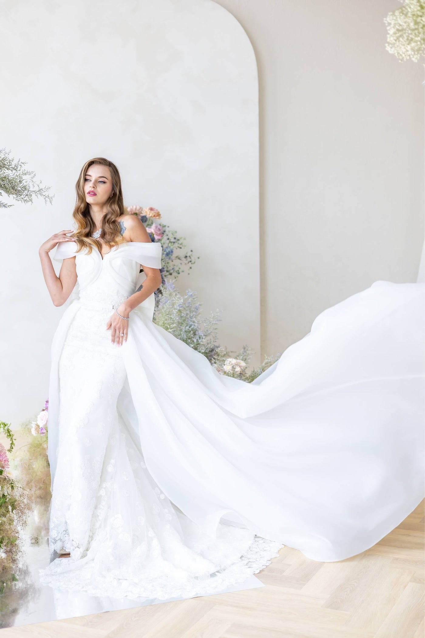 off the shoulder organza wedding dress Off-the-Shoulder A-Line Wedding Dress with Blue Detailing