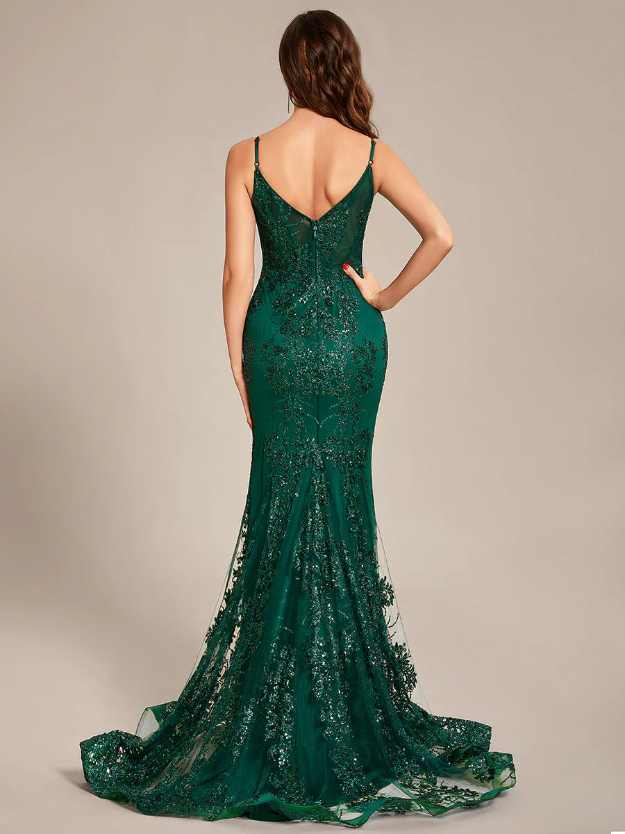  Emerald Enchantment Sequin Lace Mermaid Gown