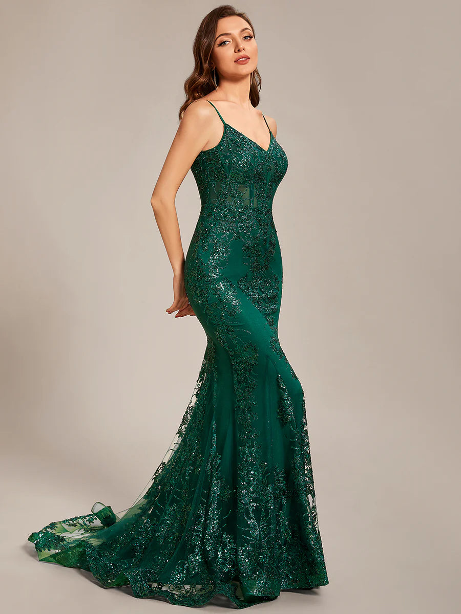  Emerald Enchantment Sequin Lace Mermaid Gown