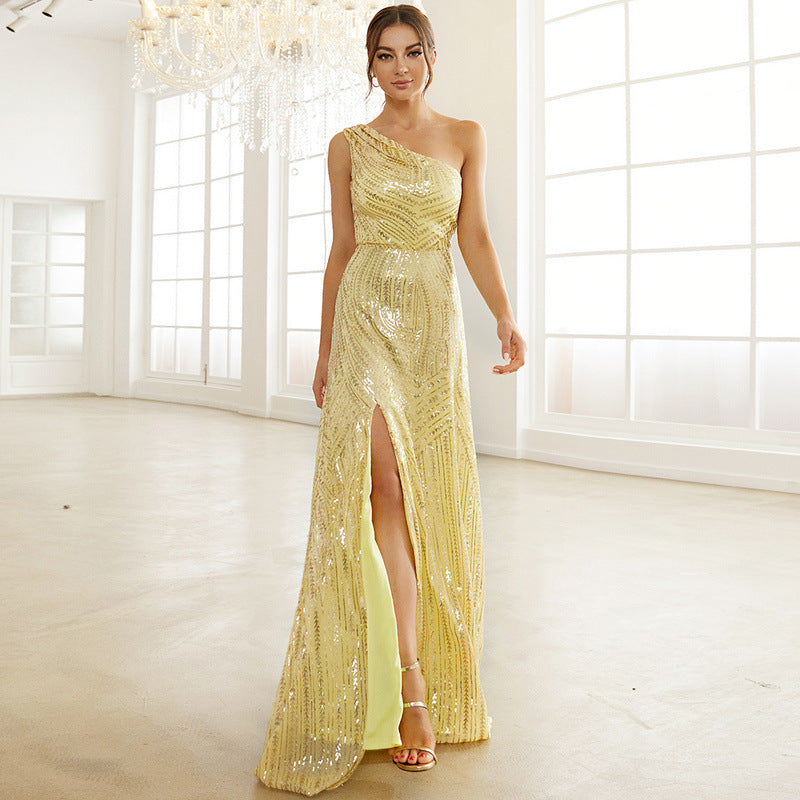 Radiant Sequin One-Shoulder Prom Gown with Thigh Slit  CHICELY