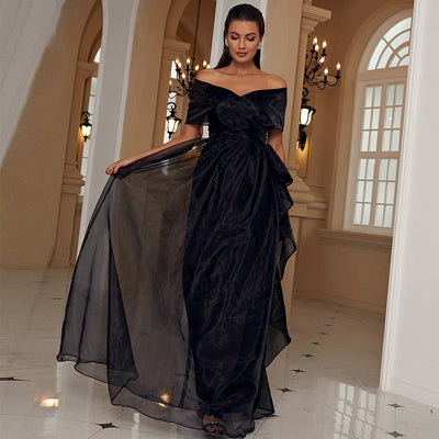CHICELY|Aluring off-the-Shoulder Organza  Ruffle Evening Gown