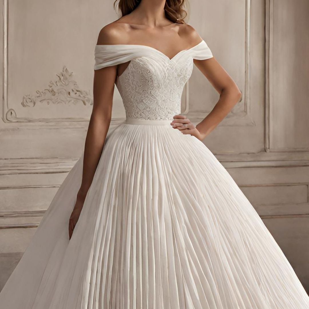 CHICELY Lustrous Allure Pleated Dreams Off-Shoulder wedding Gown