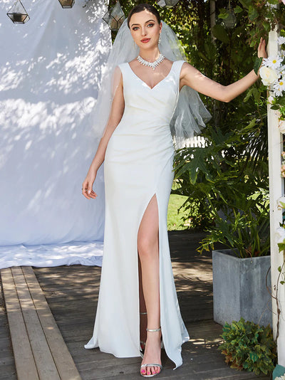 Regal V-neck pleated mermaid wedding dress with thigh-slit