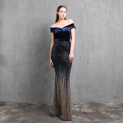 Sexy Off-shoulder Velvet  Gradient Sequin Mermaid Evening Dress