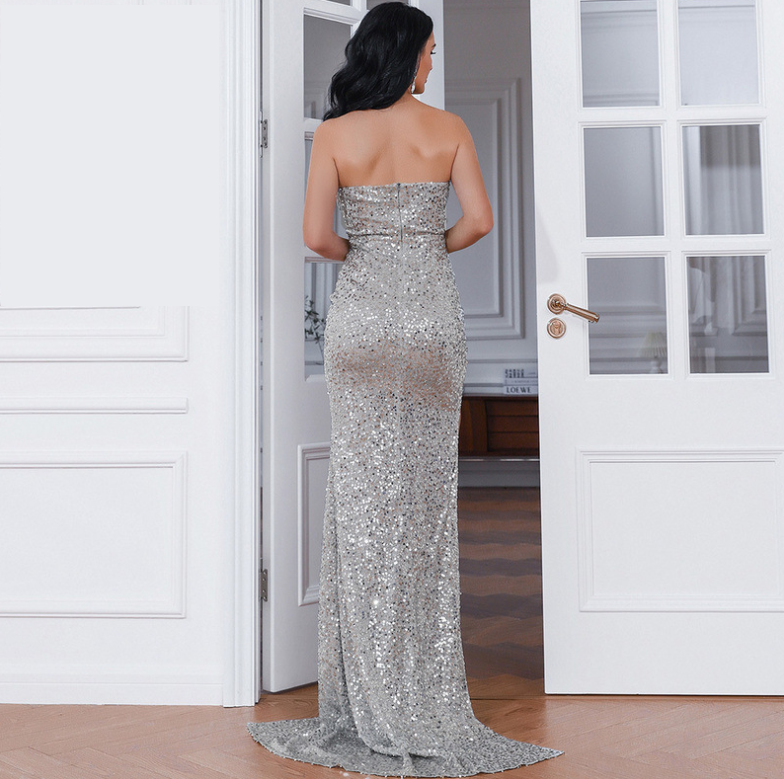Chic one-shoulder Sequin Banquet  mermaid  Evening Dress with thigh-slit