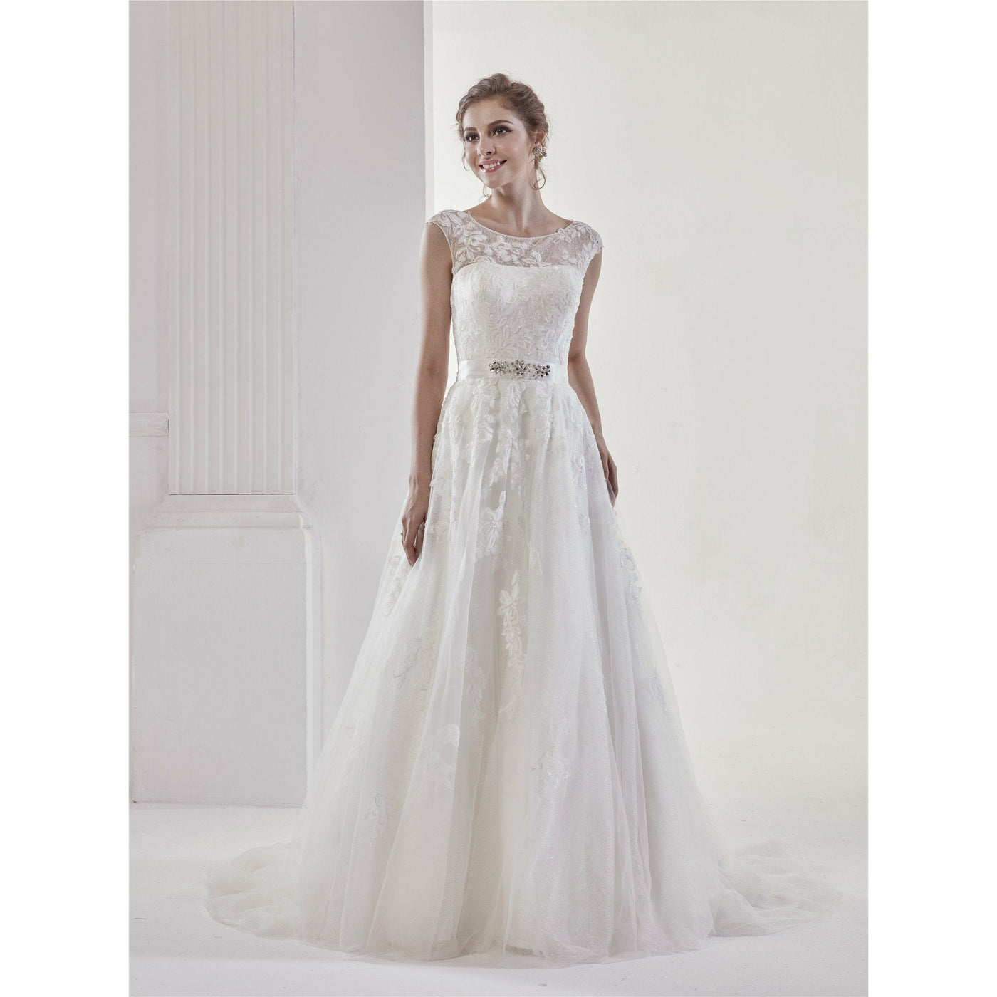 Chicely Illusion neckline Chantilly ly lace A-Line wedding dress
