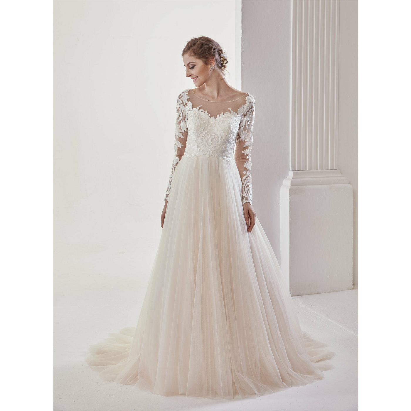Chicely Long sleeves floral applique A-line wedding dress