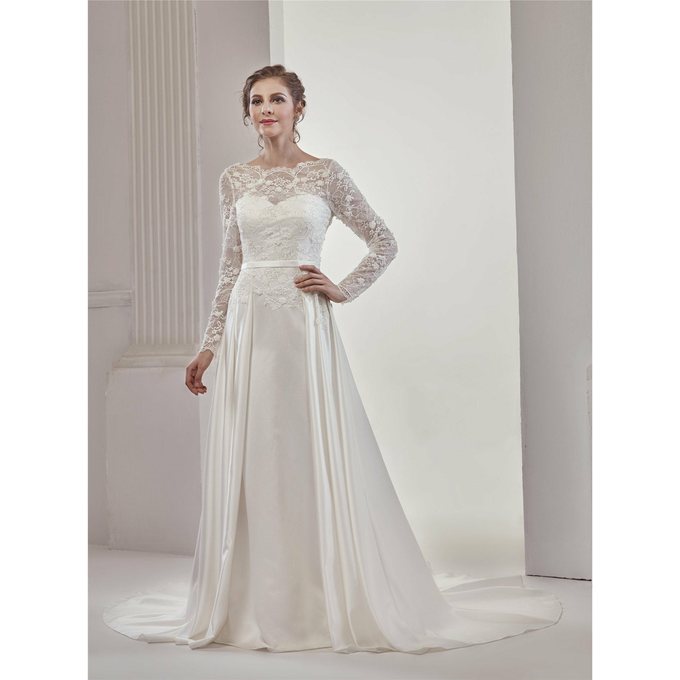 Chicely Long sleeves chantilly lace satin wedding dress