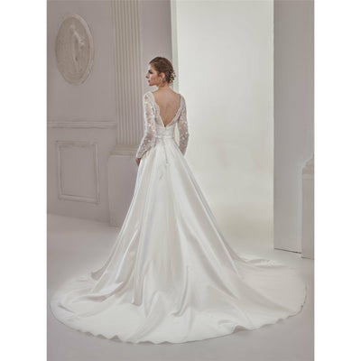 Chicely Long sleeves chantilly lace satin wedding dress2