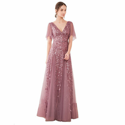 CHICELY Long Mesh Allover Floral applique lace V-Neck with illusion butterfly sleeves bridesmaid dress0