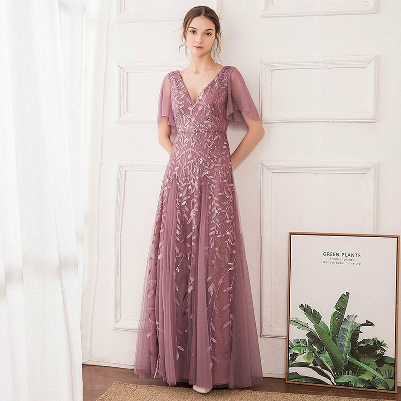 CHICELY Long Mesh Allover Floral applique lace V-Neck with illusion butterfly sleeves bridesmaid dress1