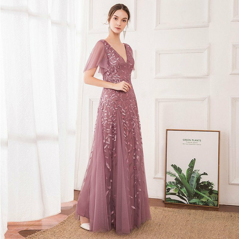 CHICELY Long Mesh Allover Floral applique lace V-Neck with illusion butterfly sleeves bridesmaid dress4