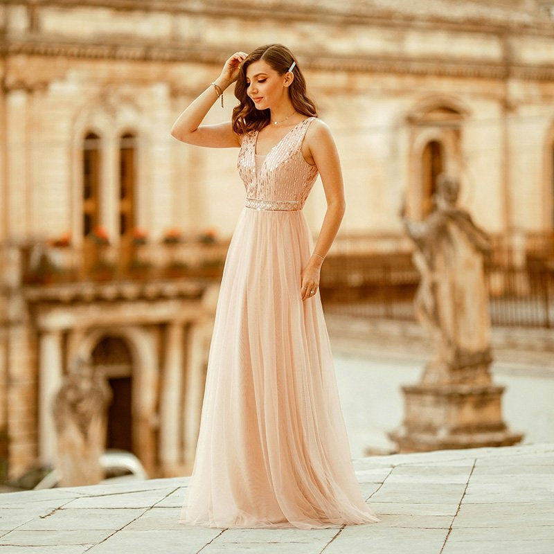 Deep V Sequin Bodice Mesh bridesmaid Dress5