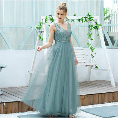 Deep V sequin bodice mesh bridesmaid dress-Aqua blue