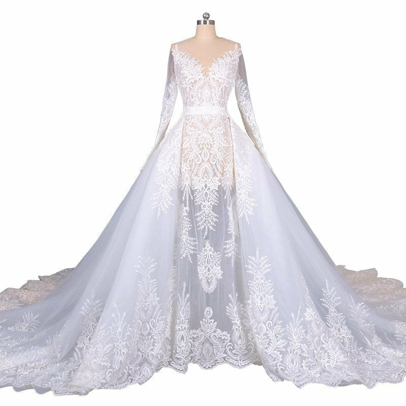 French Chantilly Lace Cathedral Wedding Dress0
