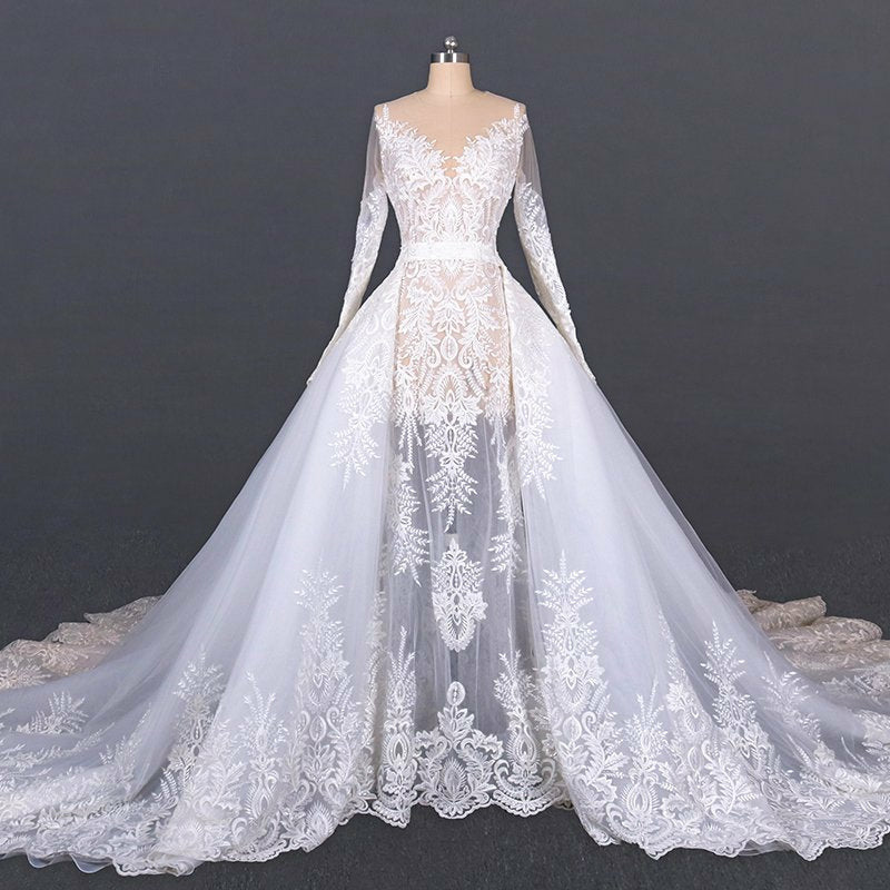 French Chantilly Lace Cathedral Wedding Dress1