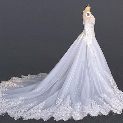 French Chantilly Lace Cathedral Wedding Dress