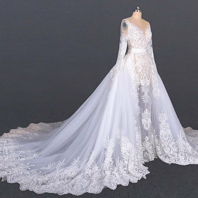 French Chantilly Lace Cathedral Wedding Dress5