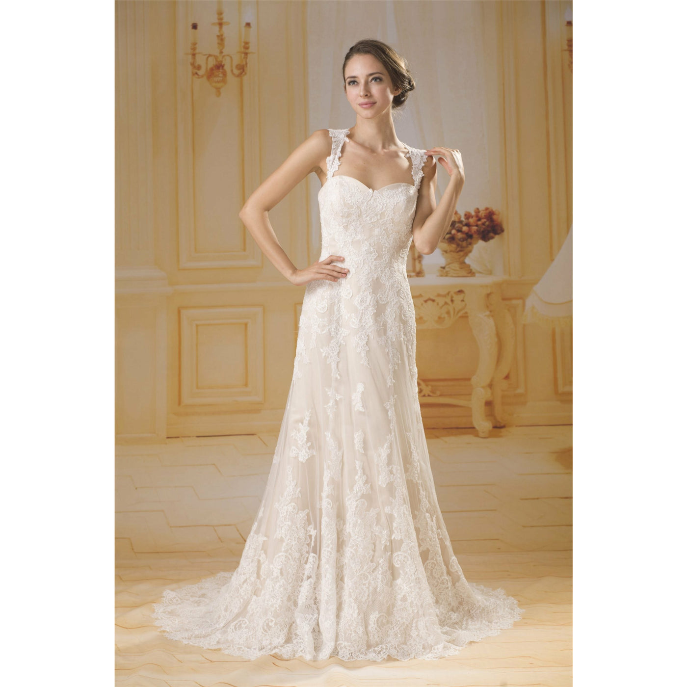 Chicely Queen anne lace appliqués A-line wedding dress