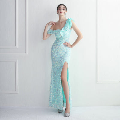 Ruffled  One-shoulder  Thigh-slit Sequin mermaid Evening Dress