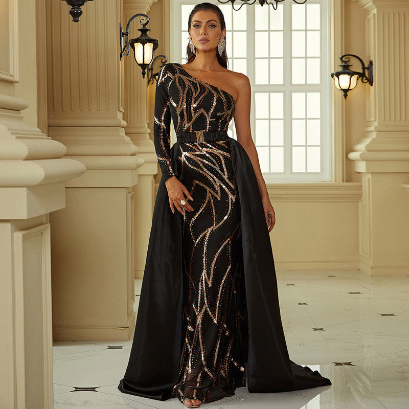 Majestic One-Shoulder Mermaid Evening Gown with Detachable Train