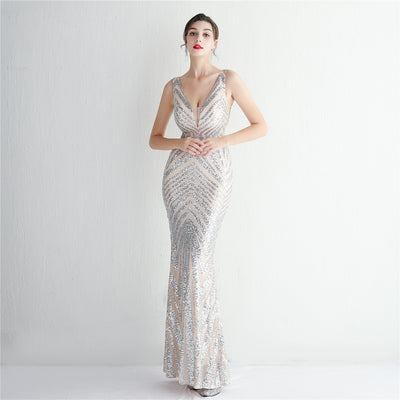 Illusion Plunging-V Neck sequin Mermaid Evening Dress