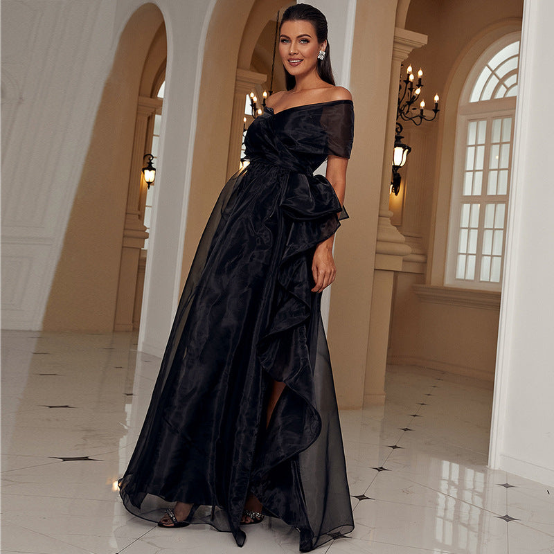 CHICELY|Aluring off-the-Shoulder Organza  Ruffle Evening Gown