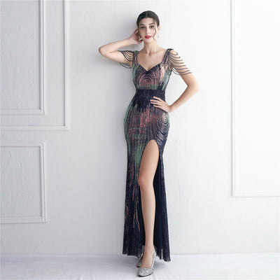 Sweetheart Beaded sleeves thigh-slit sequin mermaid evening gown
