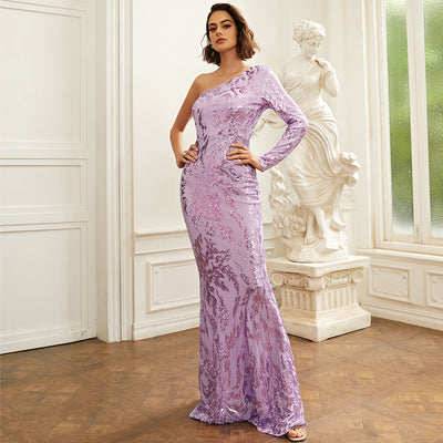 Dazzling one-shoulder Long Sleeve Floral Sequin Mermaid Evening Dress