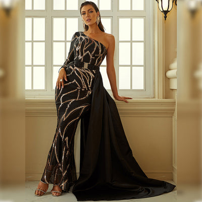 Majestic One-Shoulder Mermaid Evening Gown with Detachable Train