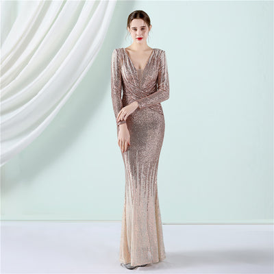 Gradient Sequin Long Sleeve V-Neck Evening Dress