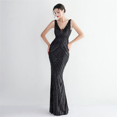Illusion Plunging-V Neck sequin Mermaid Evening Dress