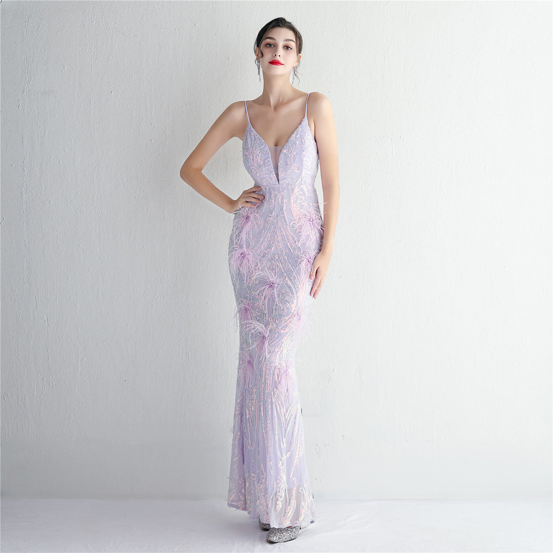 mermaid dress with feather bottom Luxury ostrich feather plunging-V Neck Mermaid evening gown – CHICELY