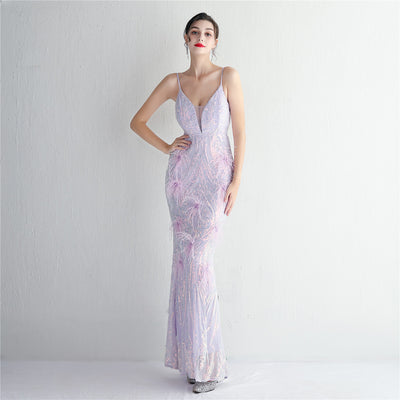 Luxury ostrich feather plunging-V Neck Mermaid evening gown