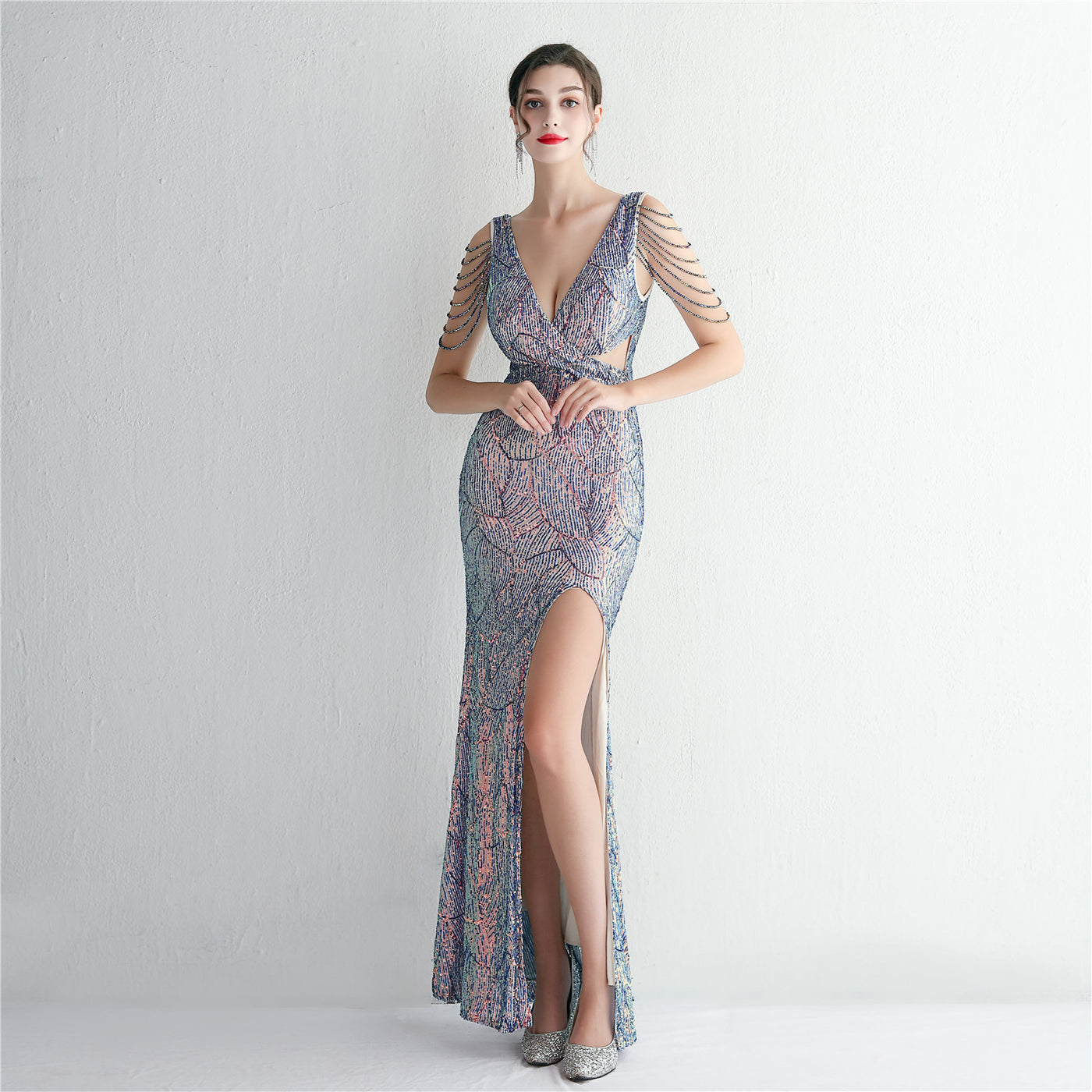 Glamorous Beaded Sleeves Artdeco Sequin Cutout Mermaid Evening Dress