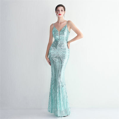 Spaghetti  straps V-Neck Art Deco sequin Mermaid Evening gown