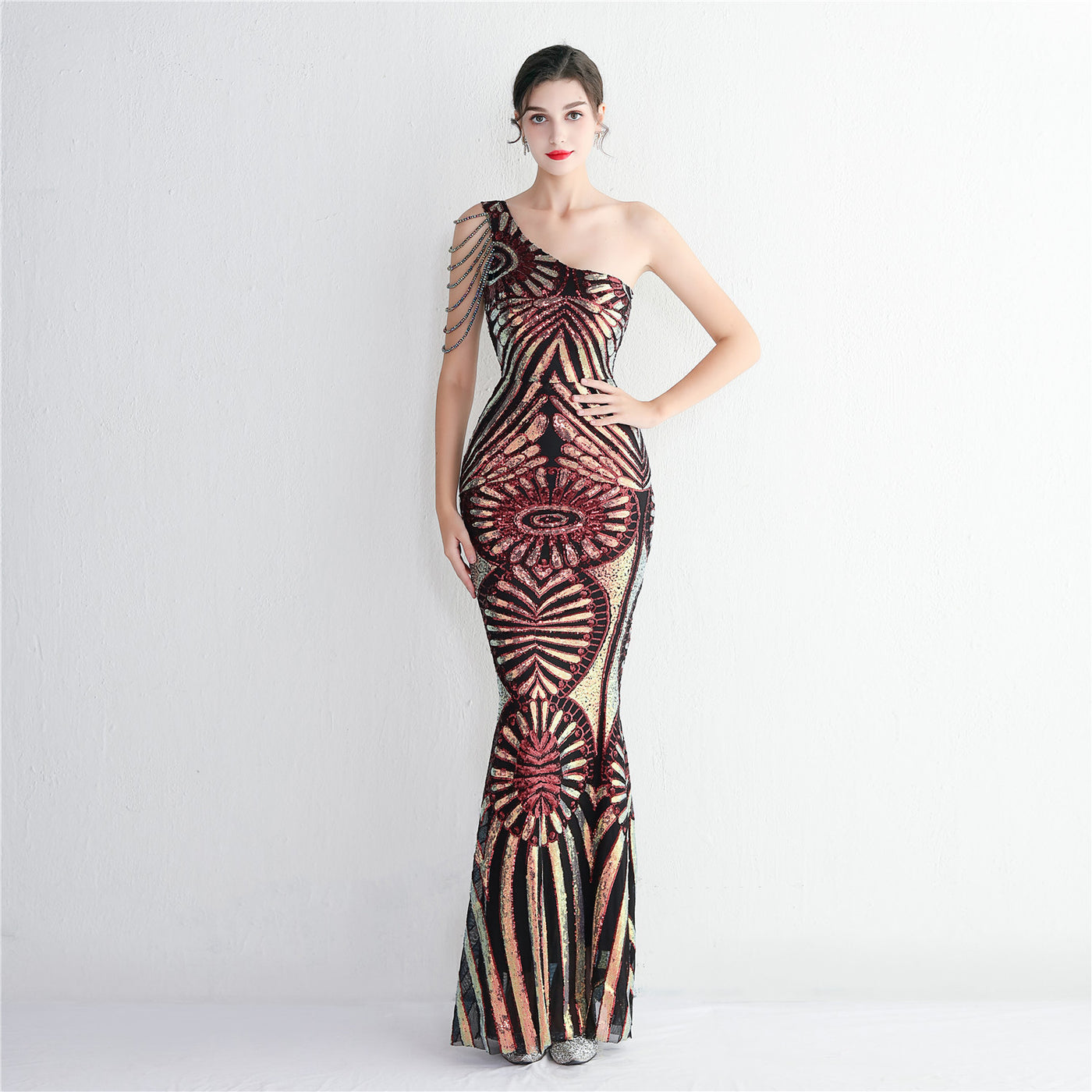 Bold Artdeco One Shoulder Sequin Memaid Evening Dress