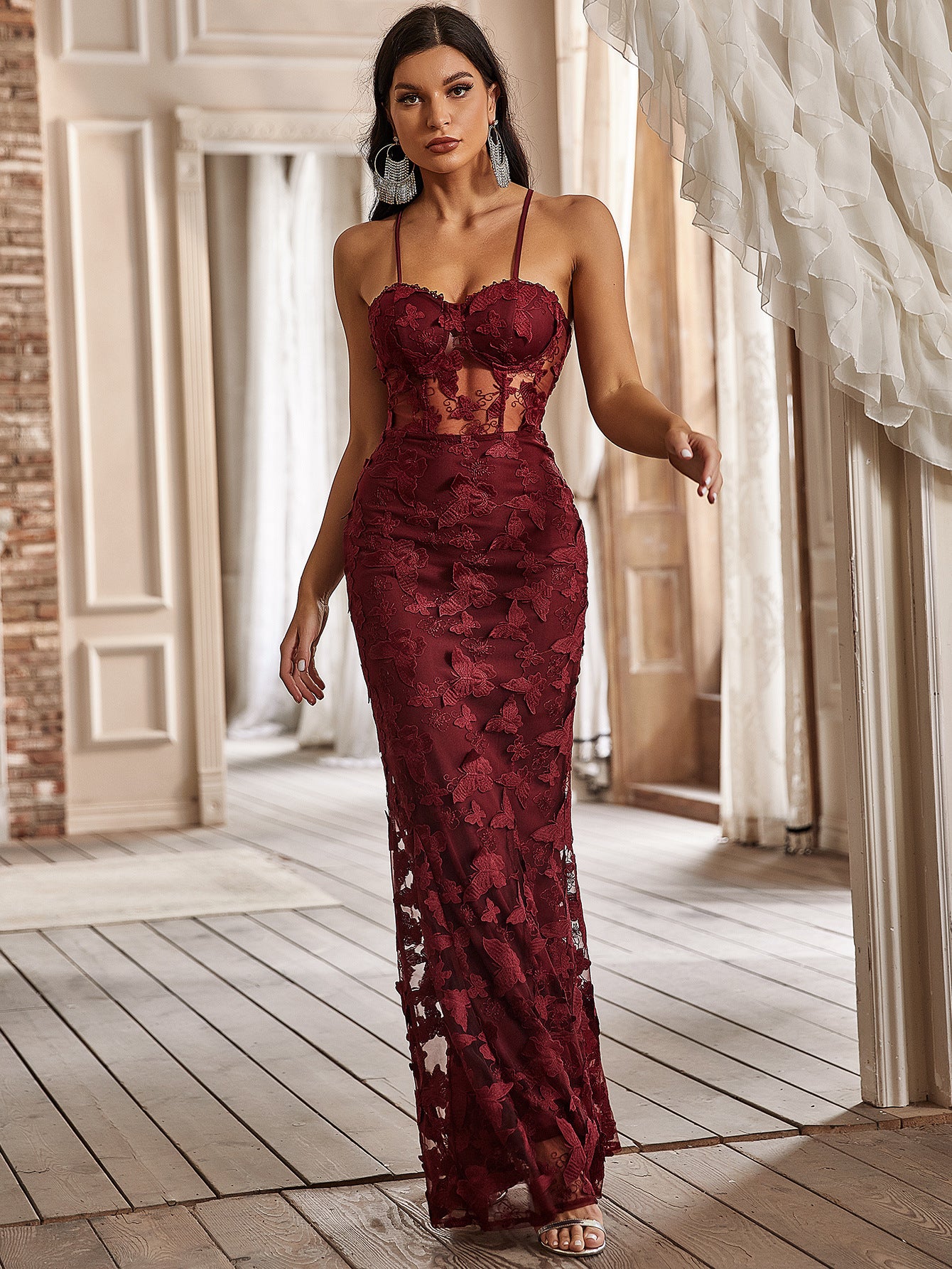 Sexy spaghetti straps 3D Butterfly Lace mermaid evening dress