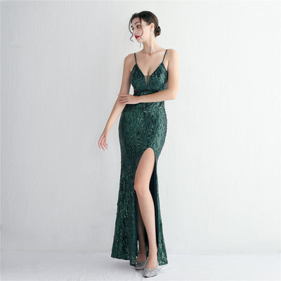 Spaghetti Straps Sequin Mermaid with Thigh slit Evening Dress