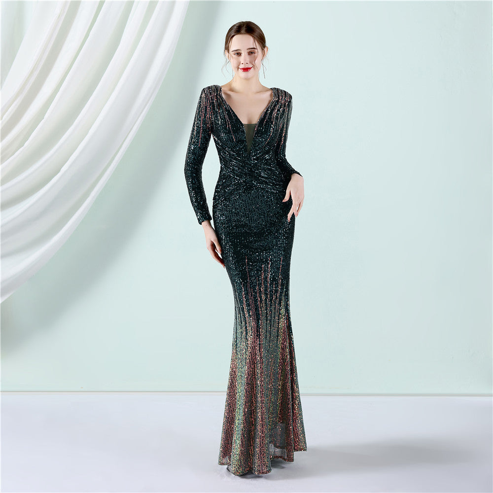 Gradient Sequin Long Sleeve V-Neck Evening Dress