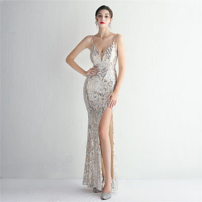 Spaghetti Straps Sequin Mermaid with Thigh slit Evening Dress