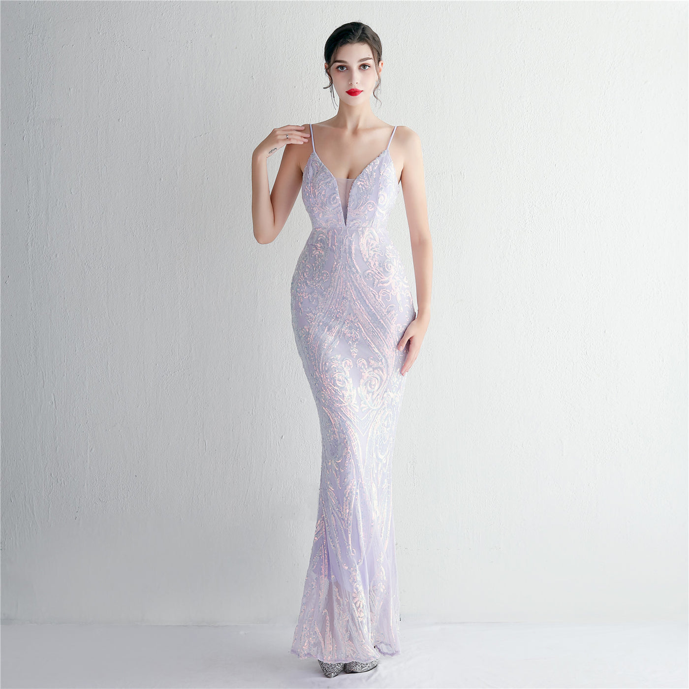 Spaghetti  Straps Illusion V-neck Floral Sequin Mermaid Evening Dress