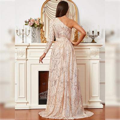 Opulent Sexy one- Shoulder Long sleeve floral sequin  Evening Dress