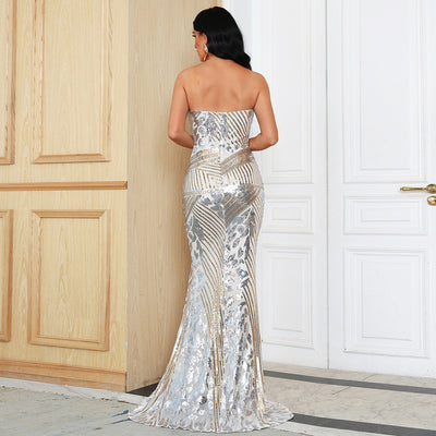 Radiant strapless Art Deco Sequin mermaid Evening Dress with Thigh-slit